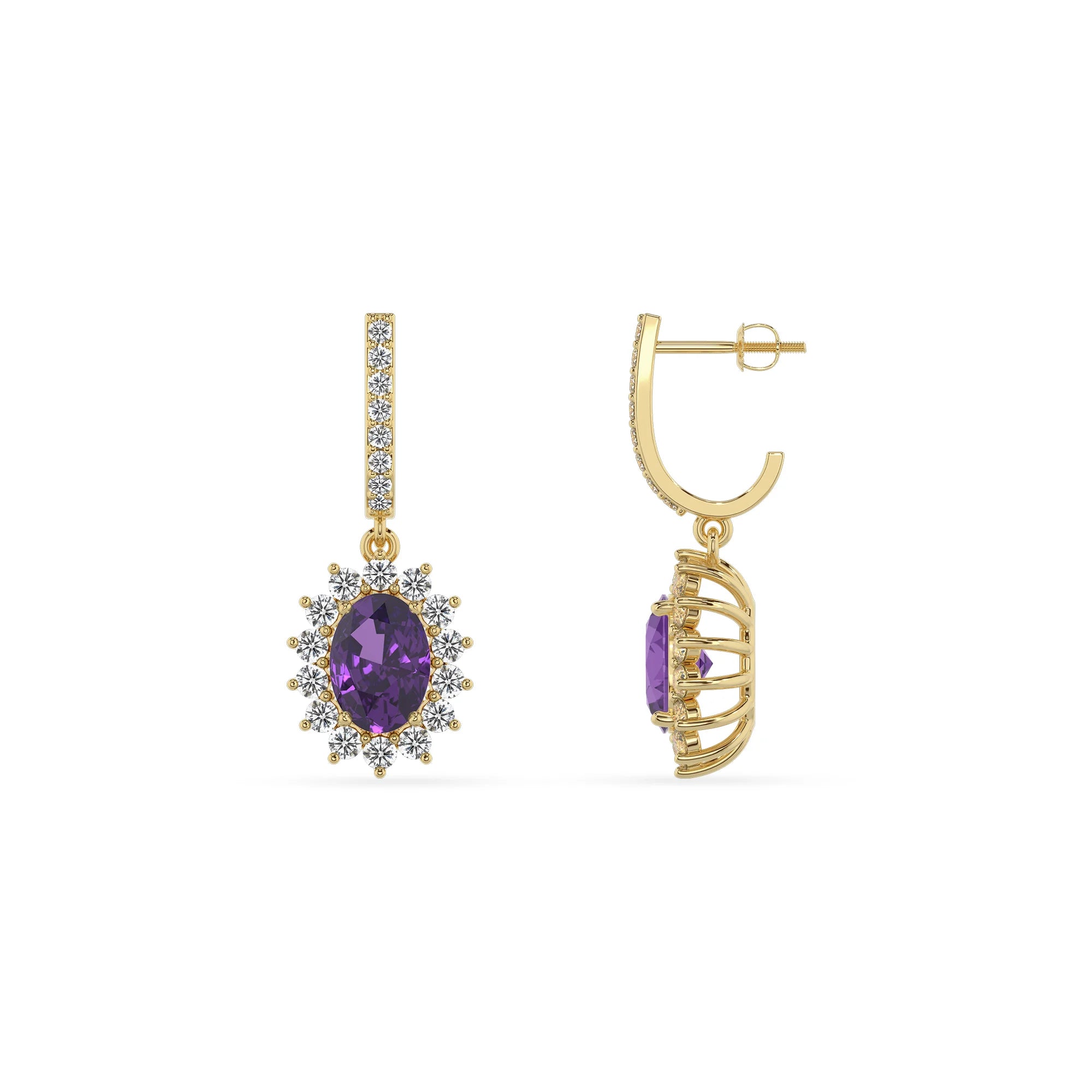 lab grown amethyst oval drop earrings in yellow gold 