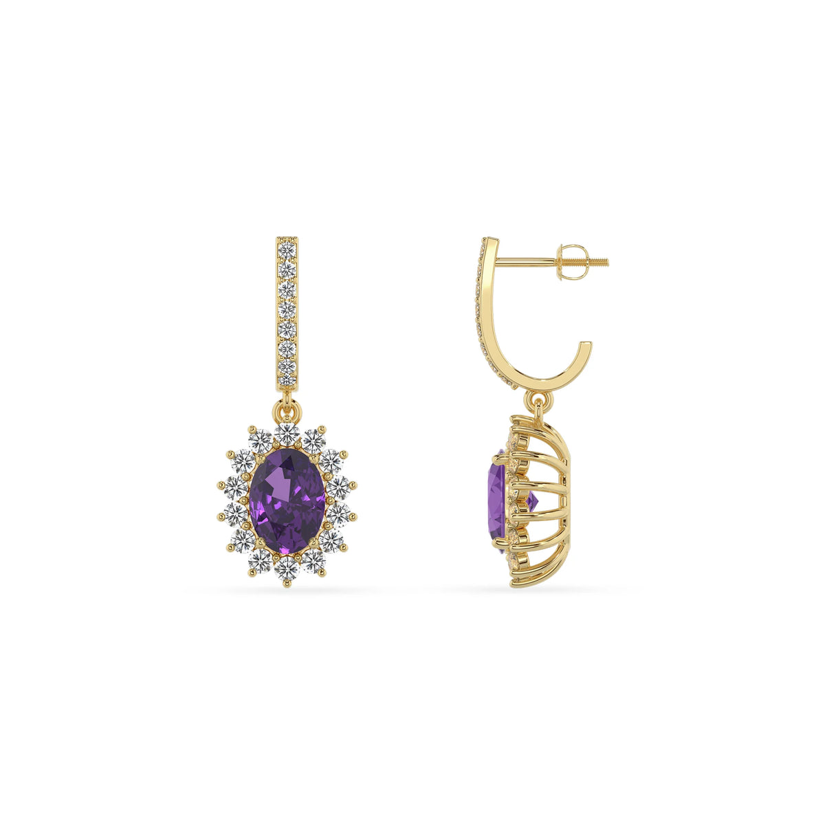lab grown amethyst oval drop earrings in yellow gold 