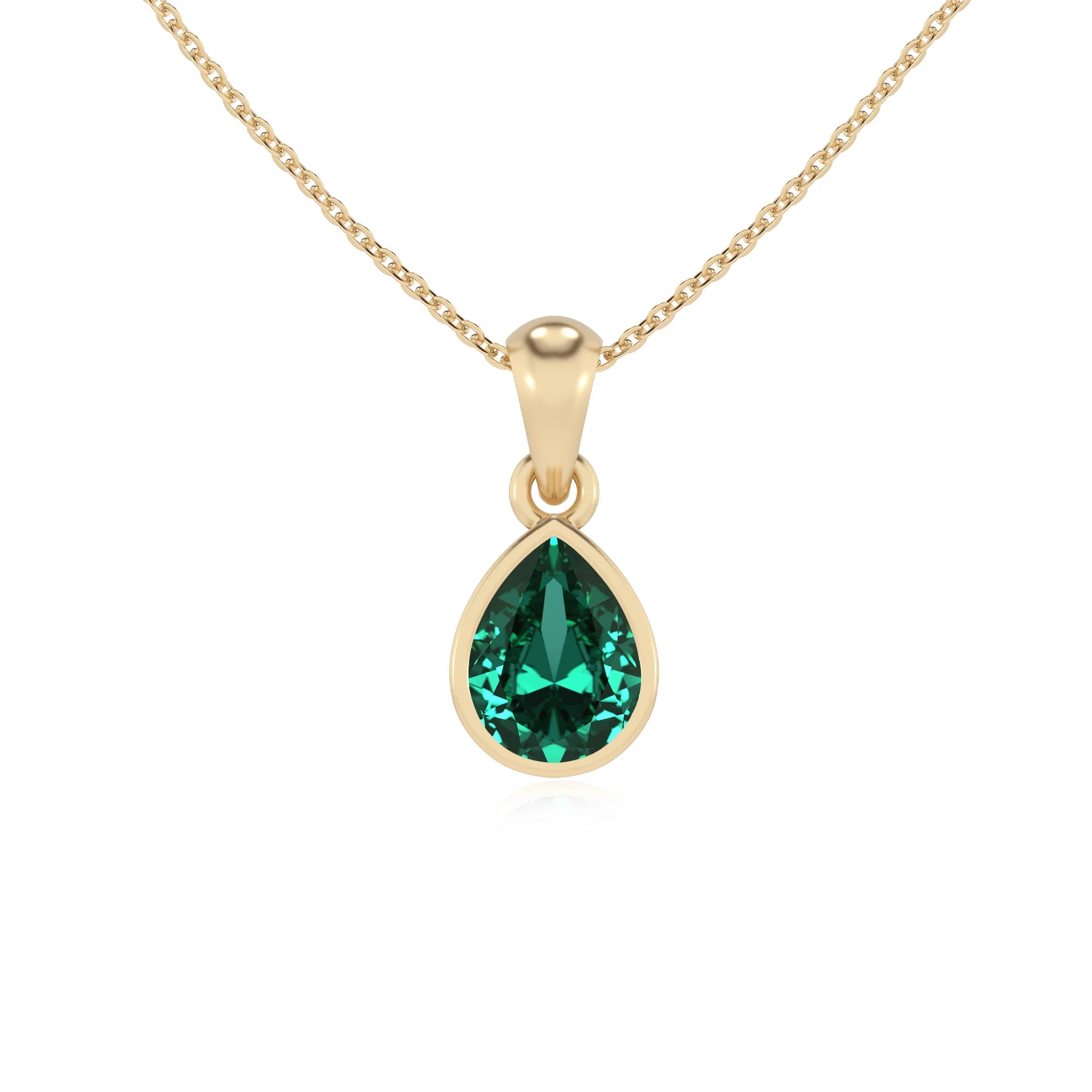 lab grown emerald pear solitaire necklaces in yellow gold 