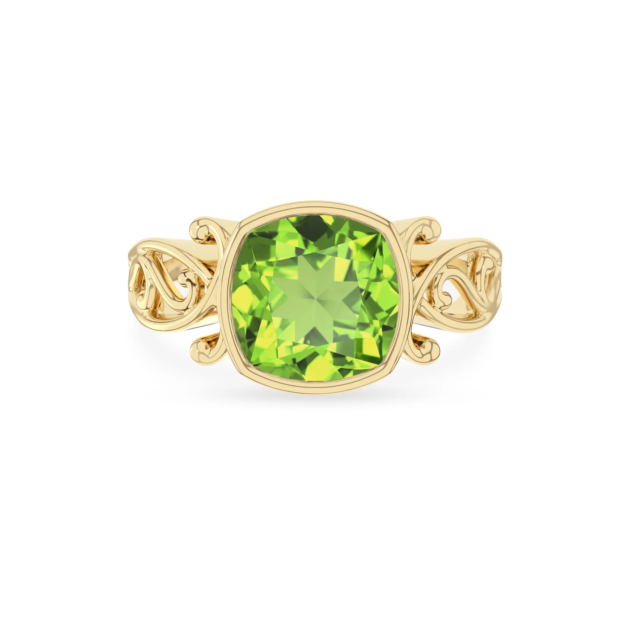 natural peridot cushion solitaire rings in yellow gold 