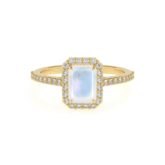 natural rainbow-moonstone emerald cut solitaire rings in yellow gold 
