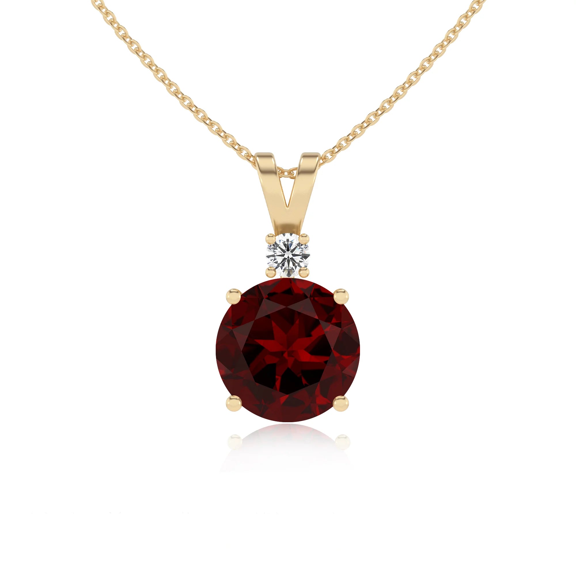 natural garnet round solitaire v-bale necklaces in yellow gold 