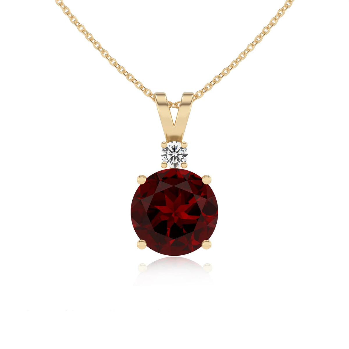 natural garnet round solitaire v-bale necklaces in yellow gold 