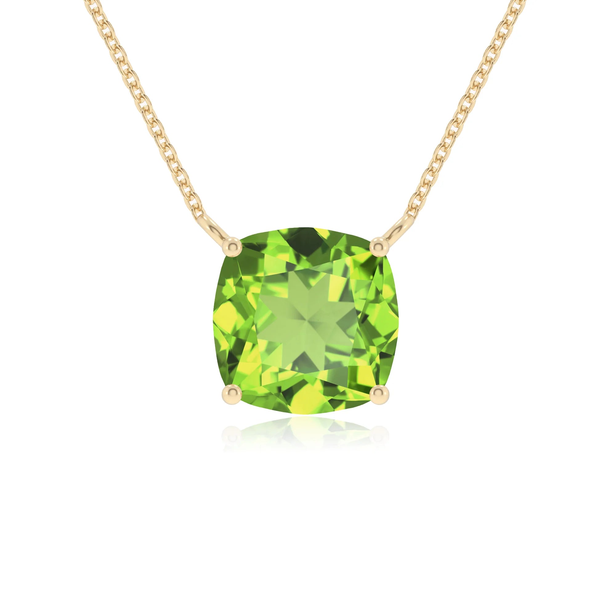 natural peridot cushion solitaire necklaces in yellow gold 
