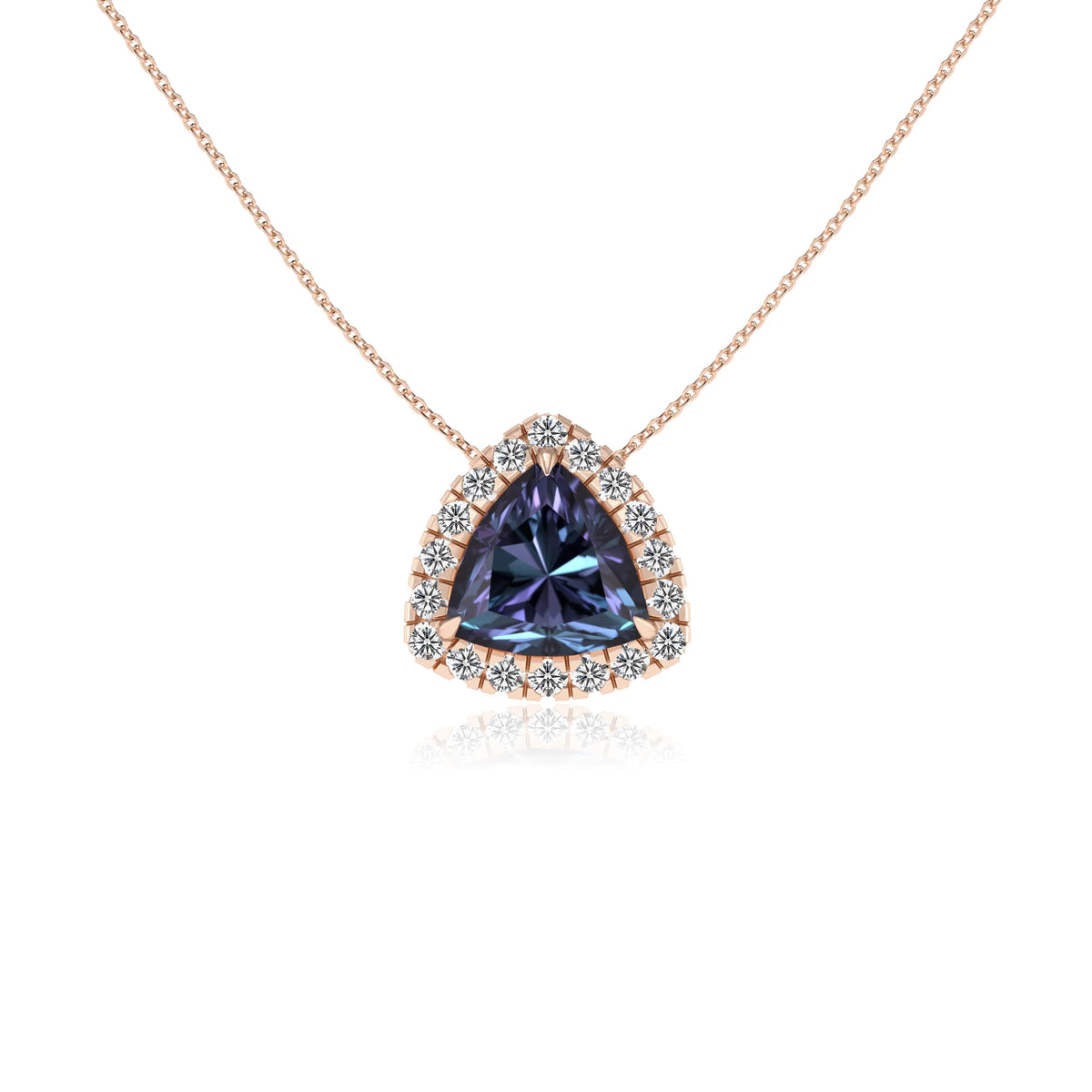 lab grown alexandrite trillion solitaire necklaces in rose gold 