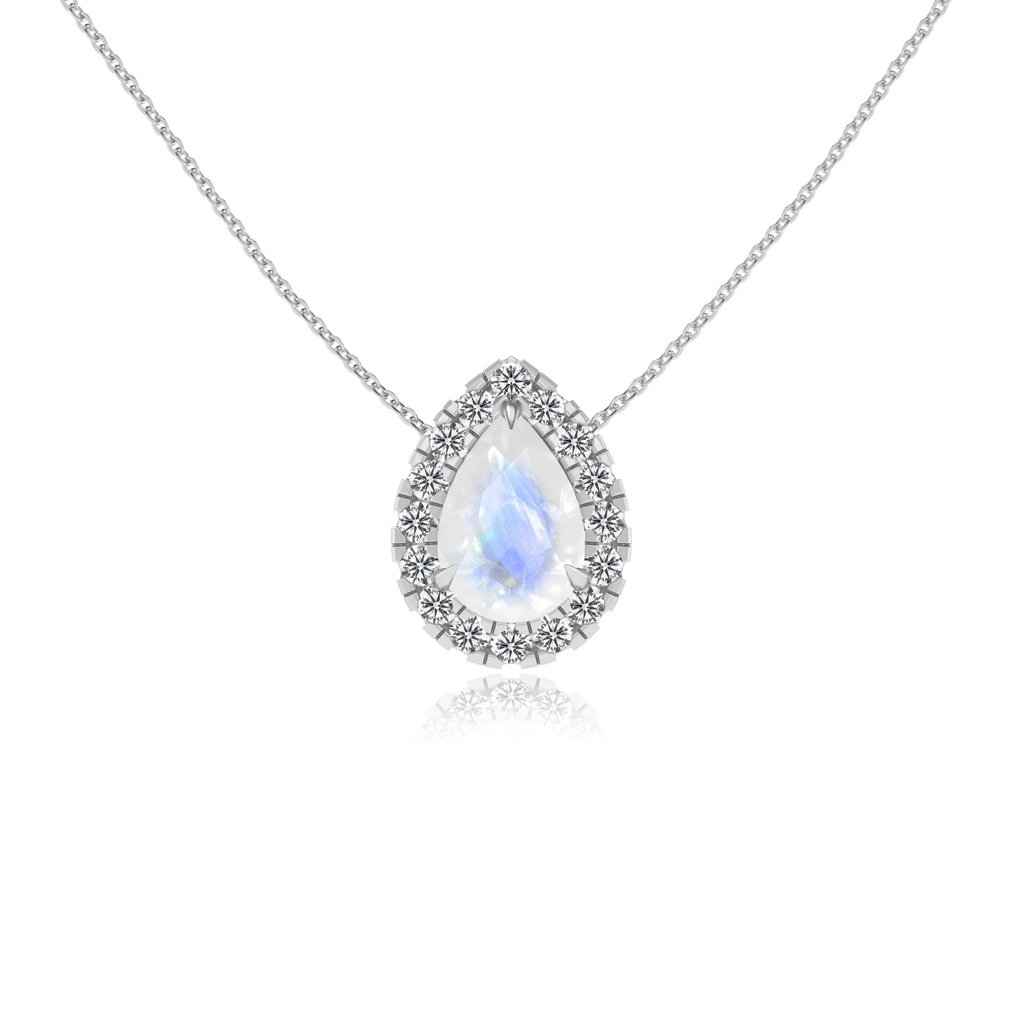 natural rainbow moonstone pear solitaire necklaces in white gold 