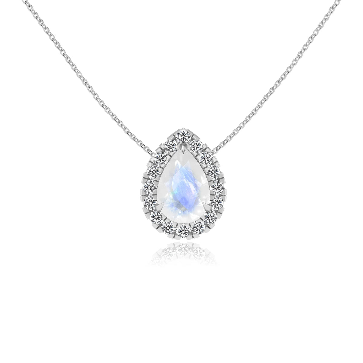 natural rainbow moonstone pear solitaire necklaces in white gold 