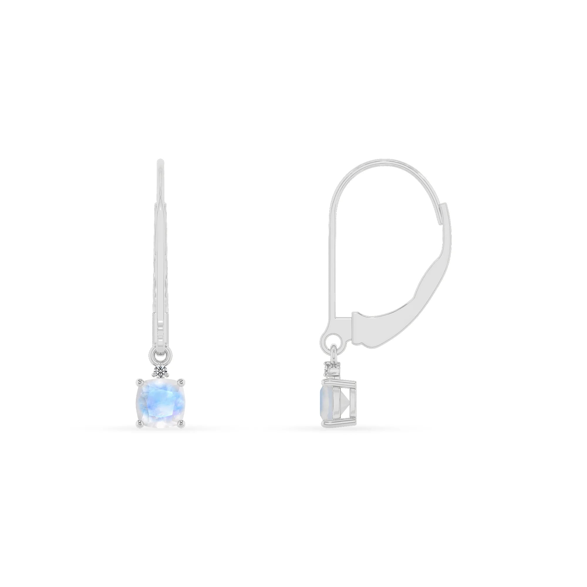 natural rainbow moonstone cushion drop earrings in white gold 