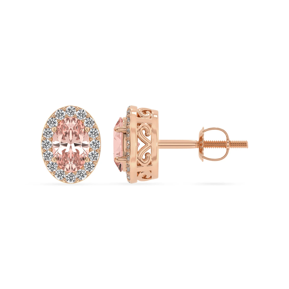 lab grown morganite oval stud earrings in rose gold 