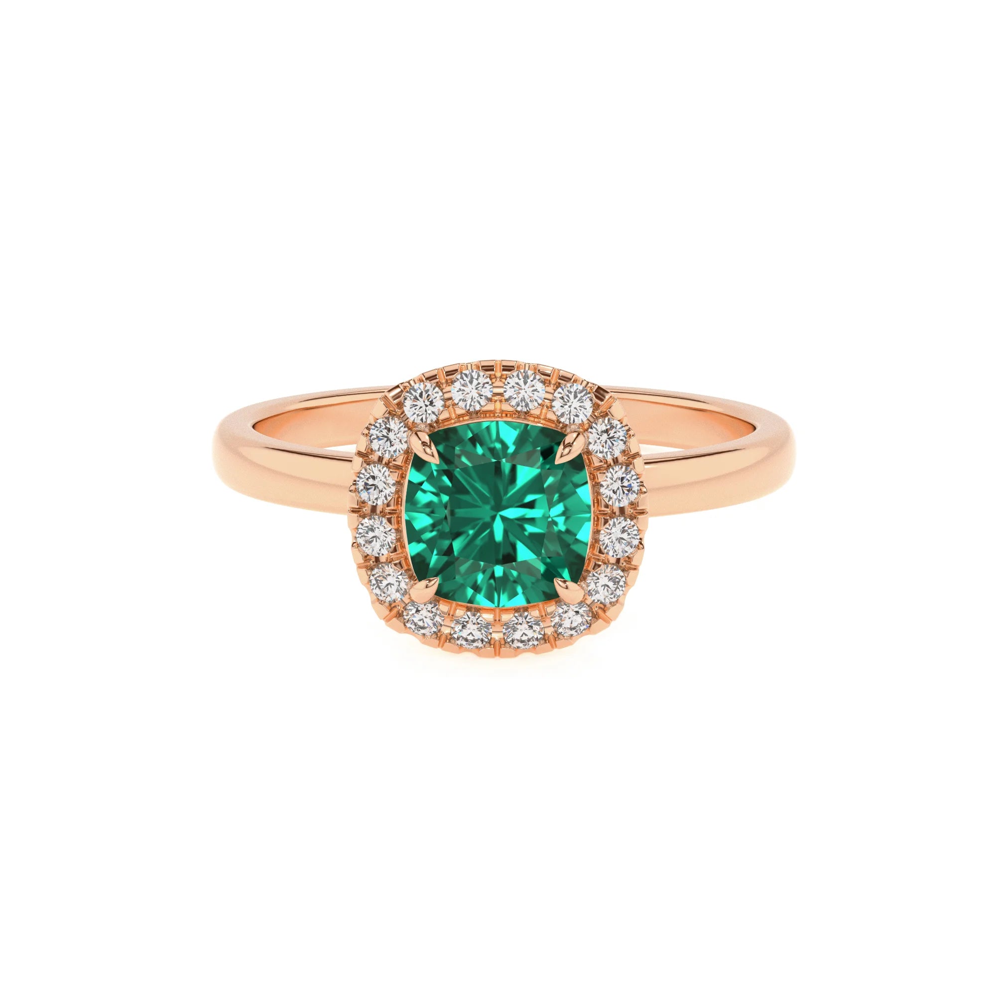 lab grown emerald cushion solitaire rings in rose gold 