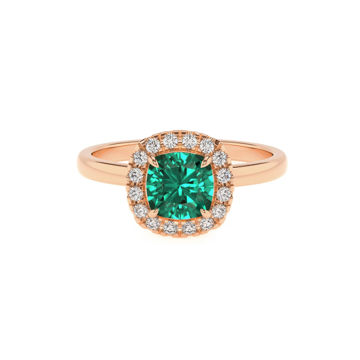 lab grown emerald cushion solitaire rings in rose gold 