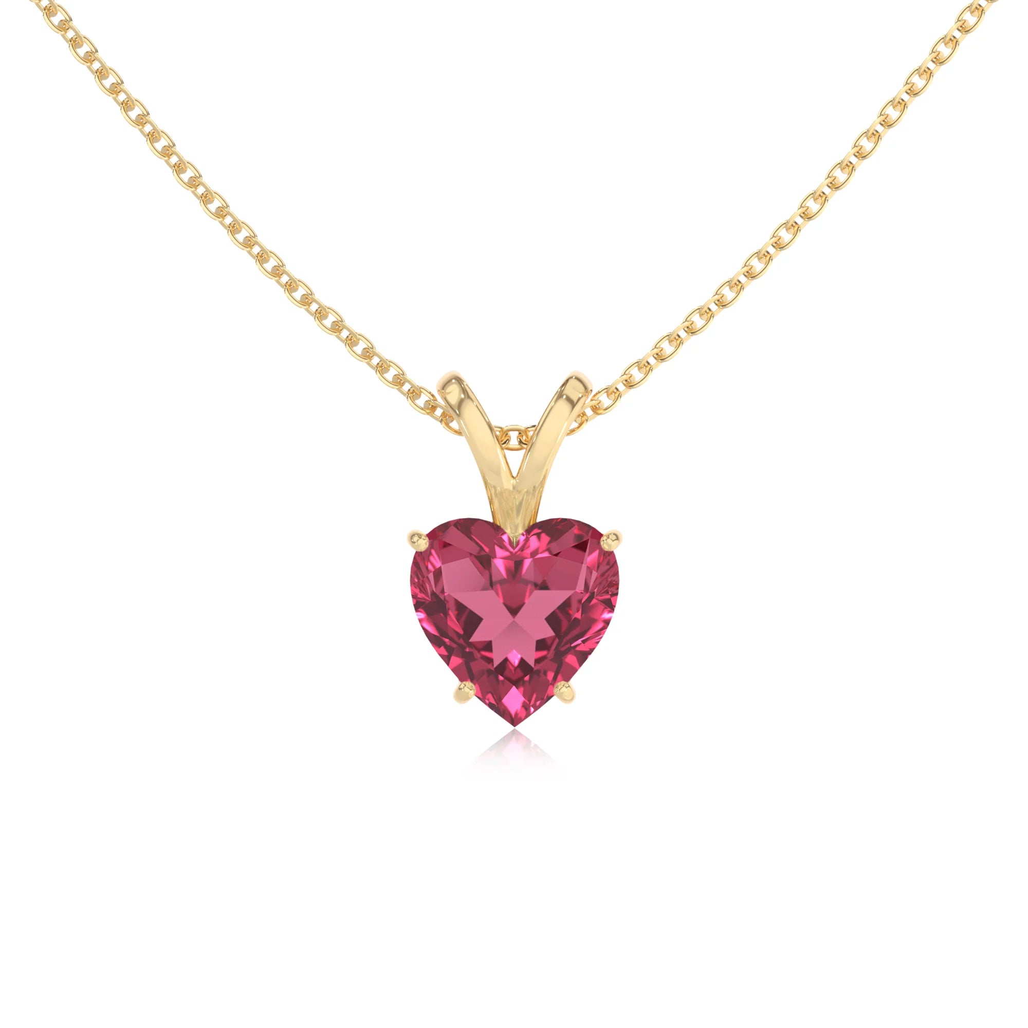 lab grown pink-tourmaline heart solitaire v-bale necklaces in yellow gold 