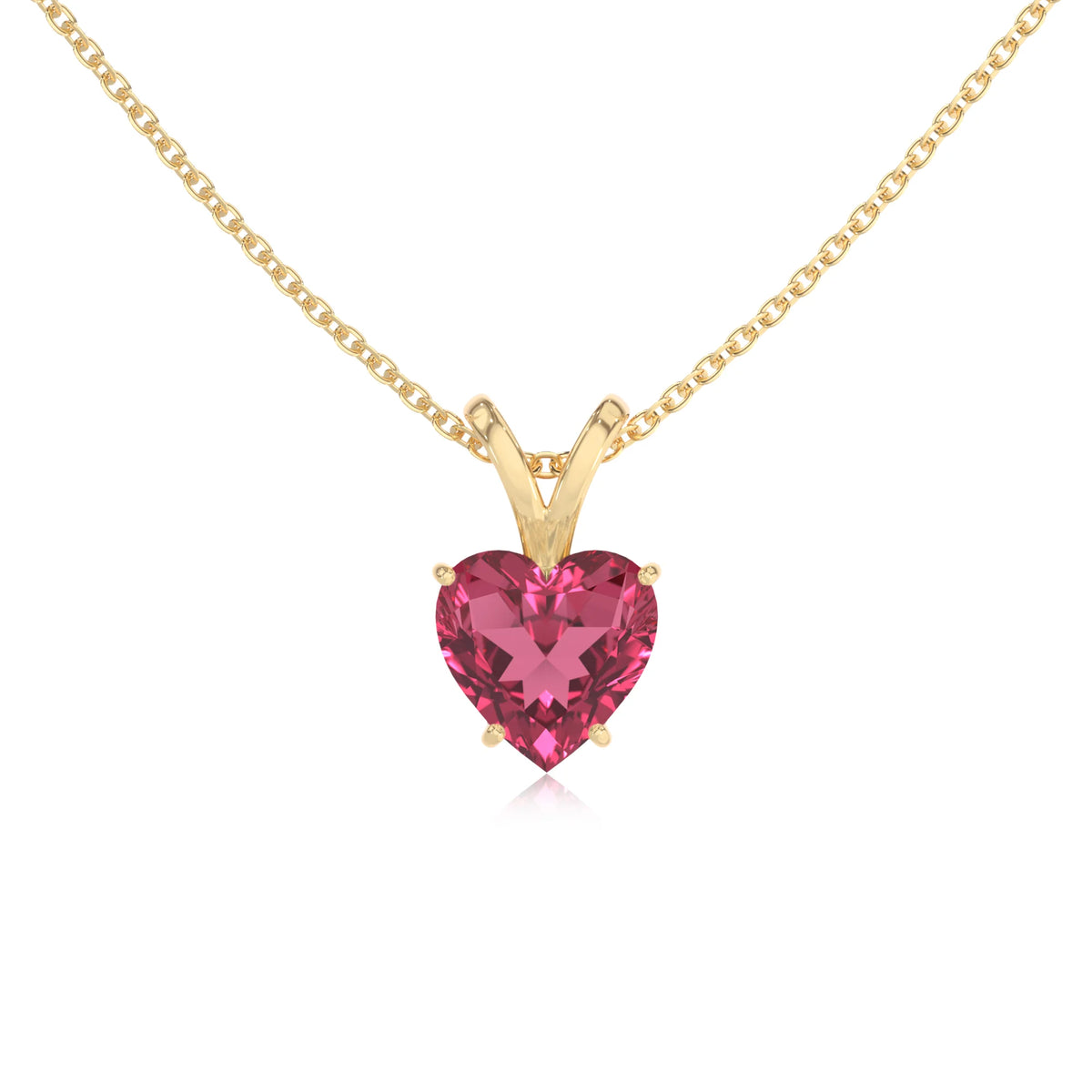 lab grown pink-tourmaline heart solitaire v-bale necklaces in yellow gold 