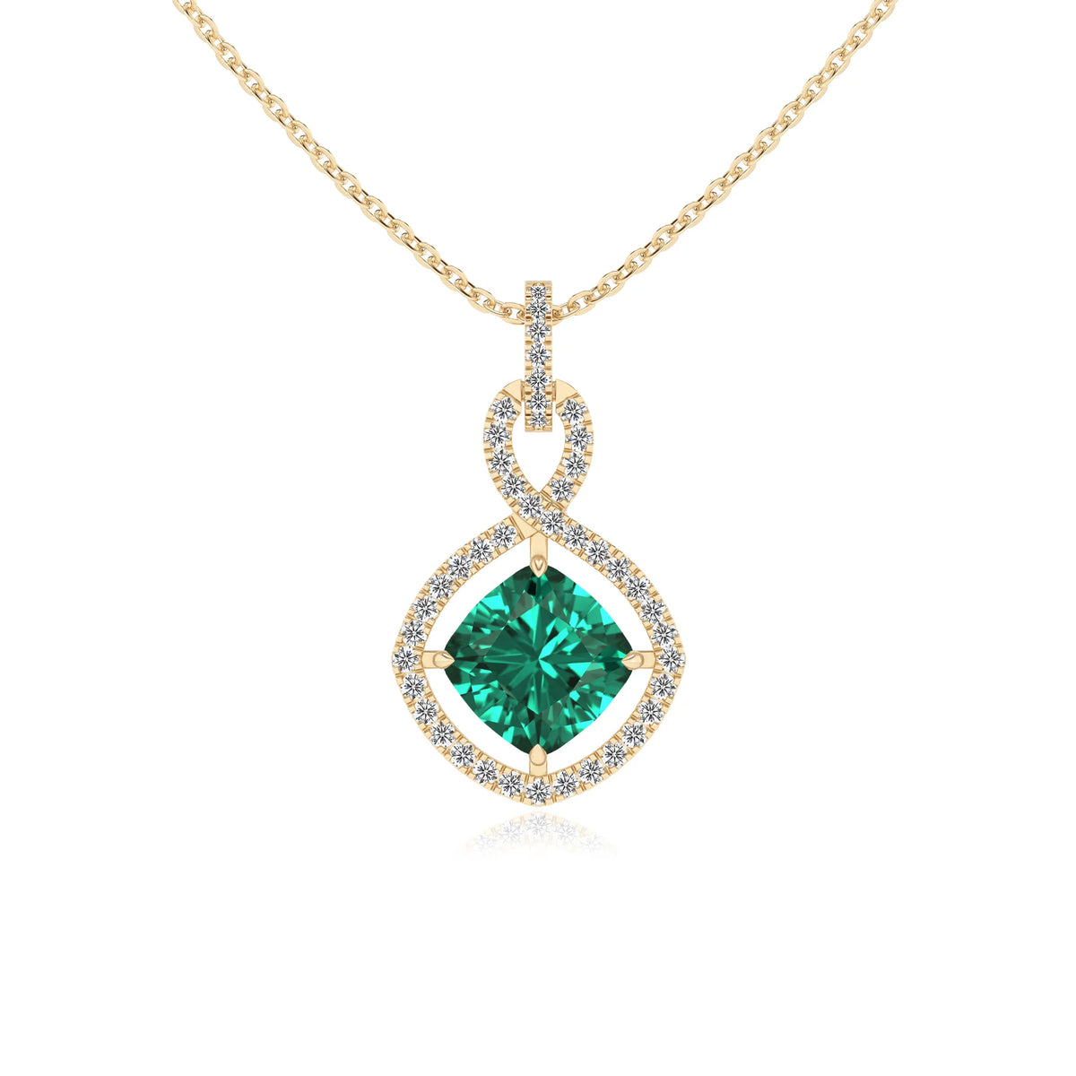 lab grown emerald cushion infinity necklaces in yellow gold 
