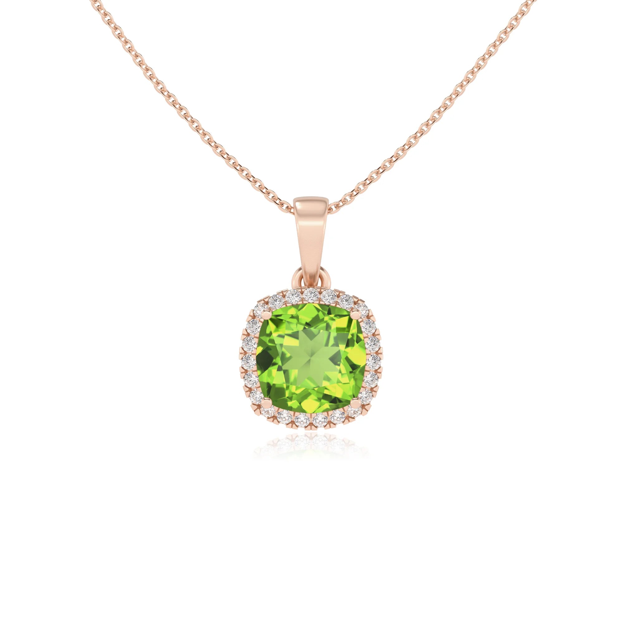 natural peridot cushion solitaire necklaces in rose gold 