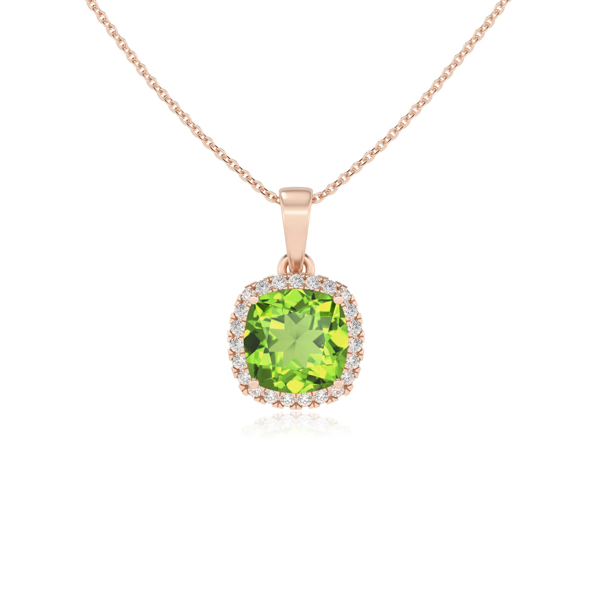 natural peridot cushion solitaire necklaces in rose gold 