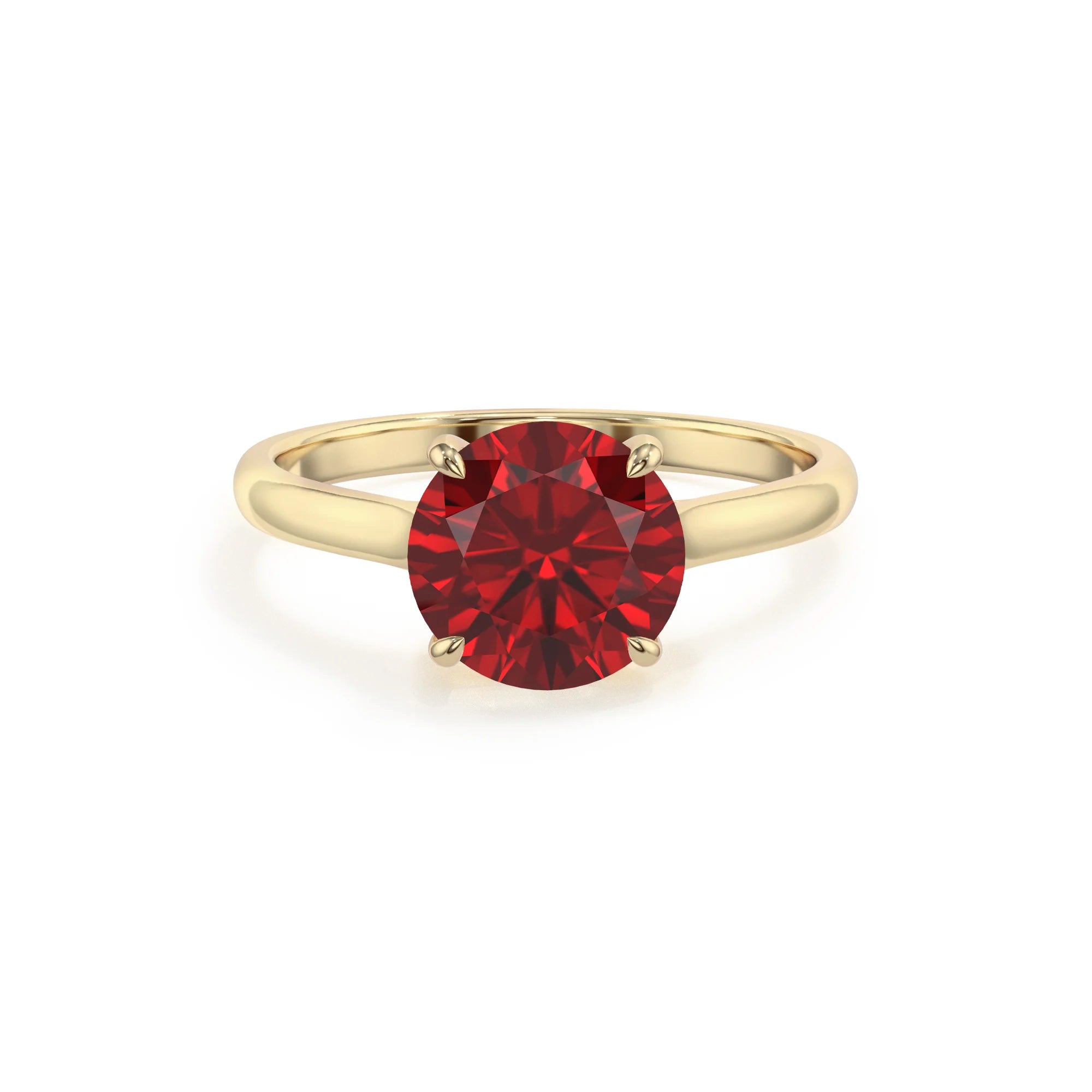 lab grown ruby round solitaire rings in yellow gold 