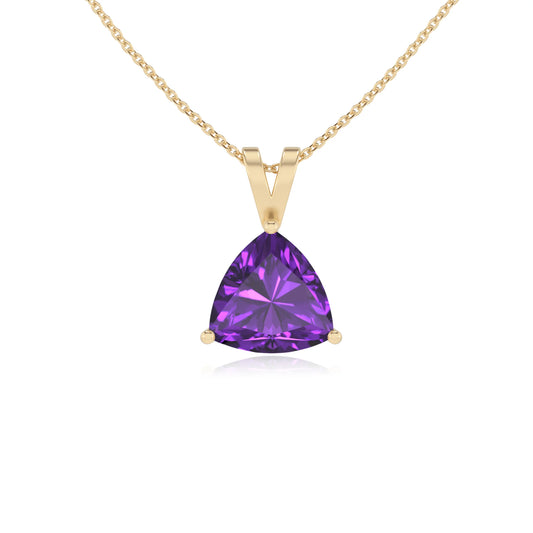lab grown amethyst trillion solitaire v-bale necklaces in yellow gold 