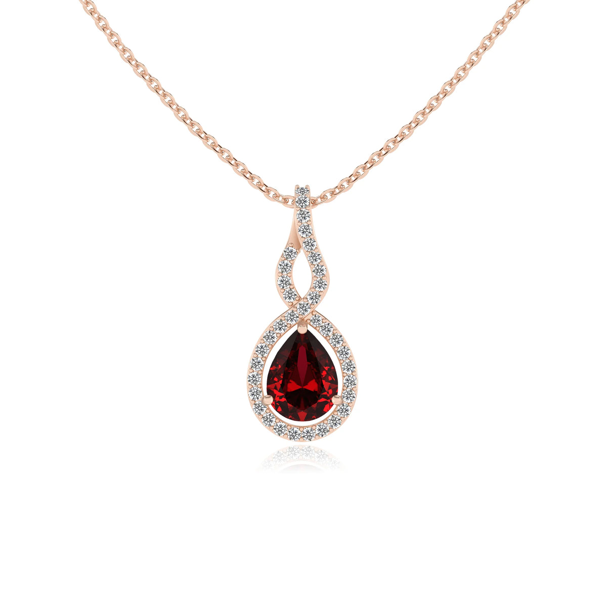 lab grown ruby pear necklaces in rose gold 
