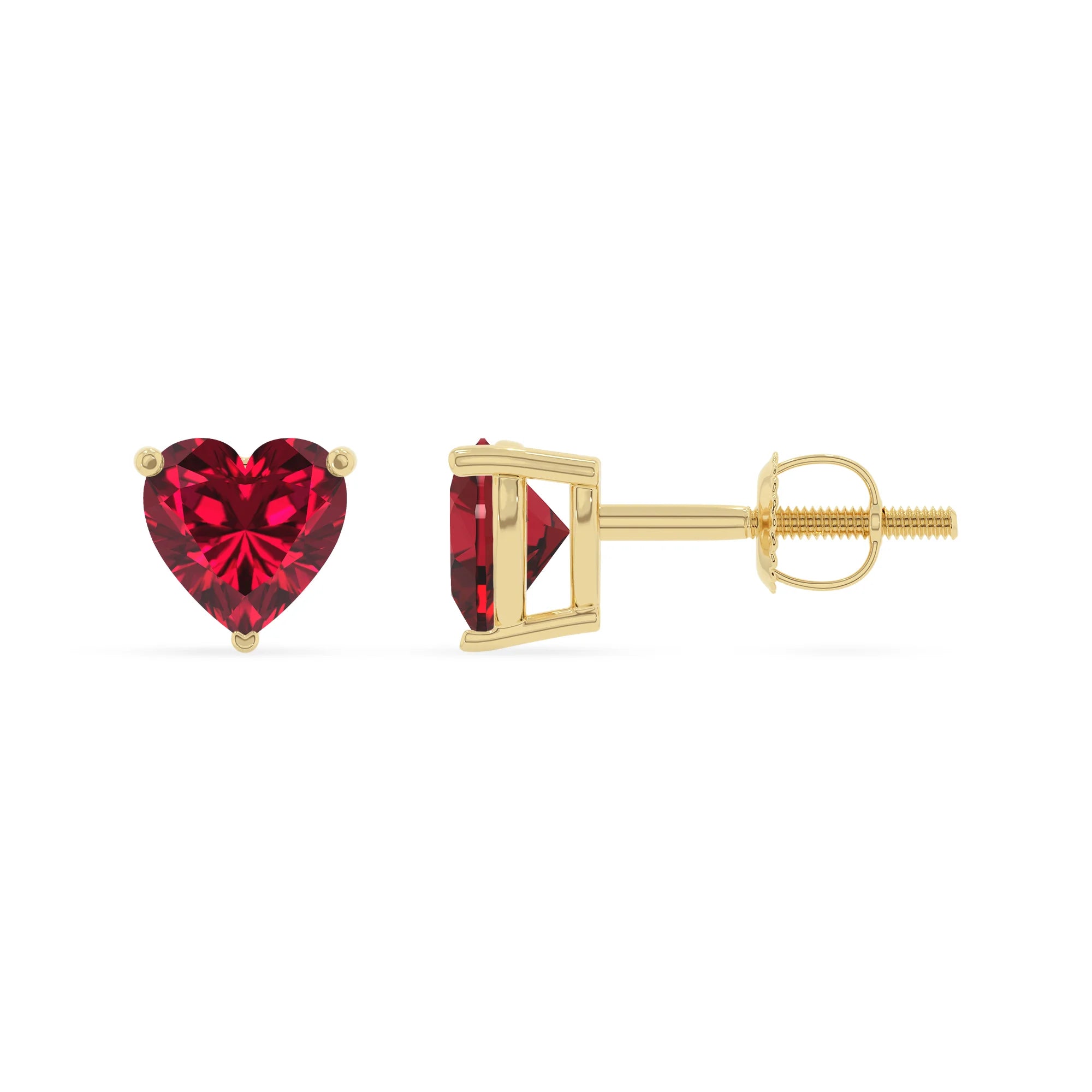 lab grown ruby heart stud earrings in yellow gold 