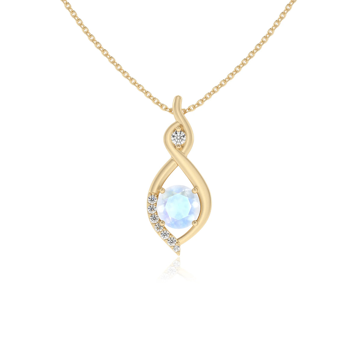 natural rainbow-moonstone round solitaire necklaces in yellow gold 