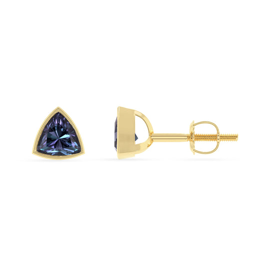 lab grown alexandrite trillion stud earrings in yellow gold 