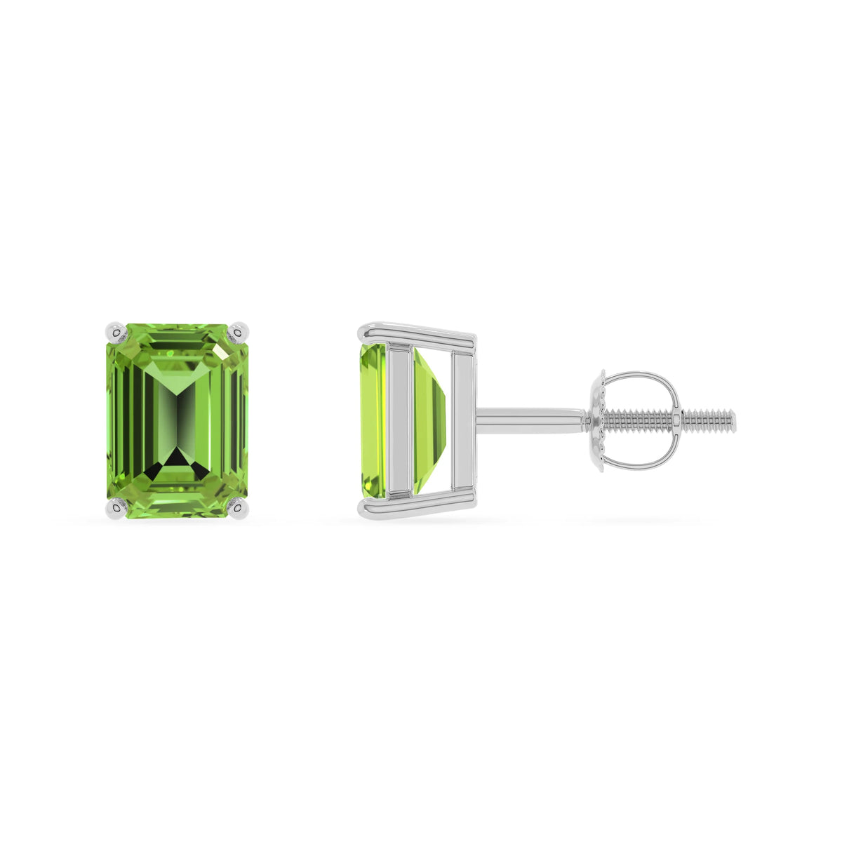 natural peridot emerald cut stud earrings in white gold 
