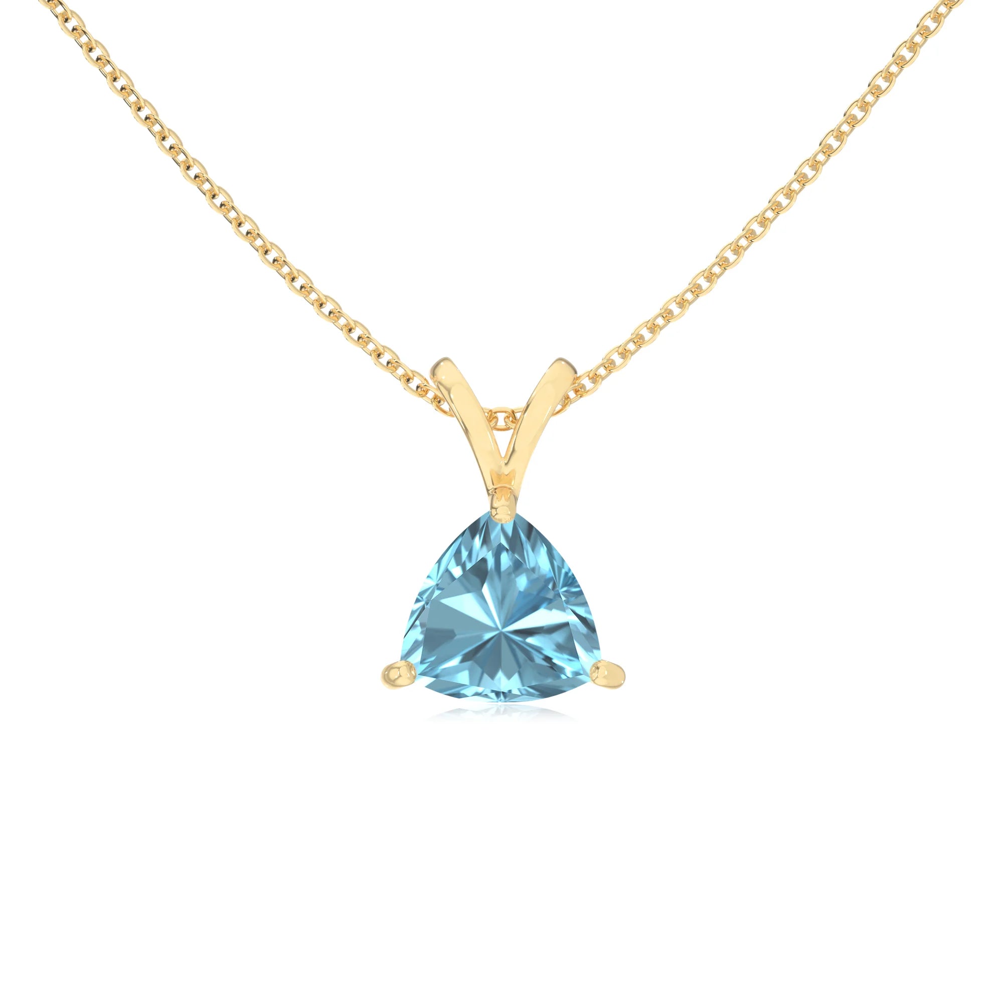 lab grown aquamarine trillion solitaire v-bale necklaces in yellow gold 