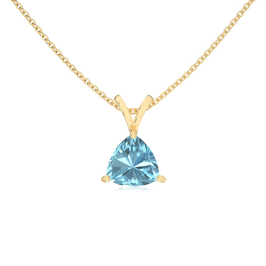 lab grown aquamarine trillion solitaire v-bale necklaces in yellow gold 