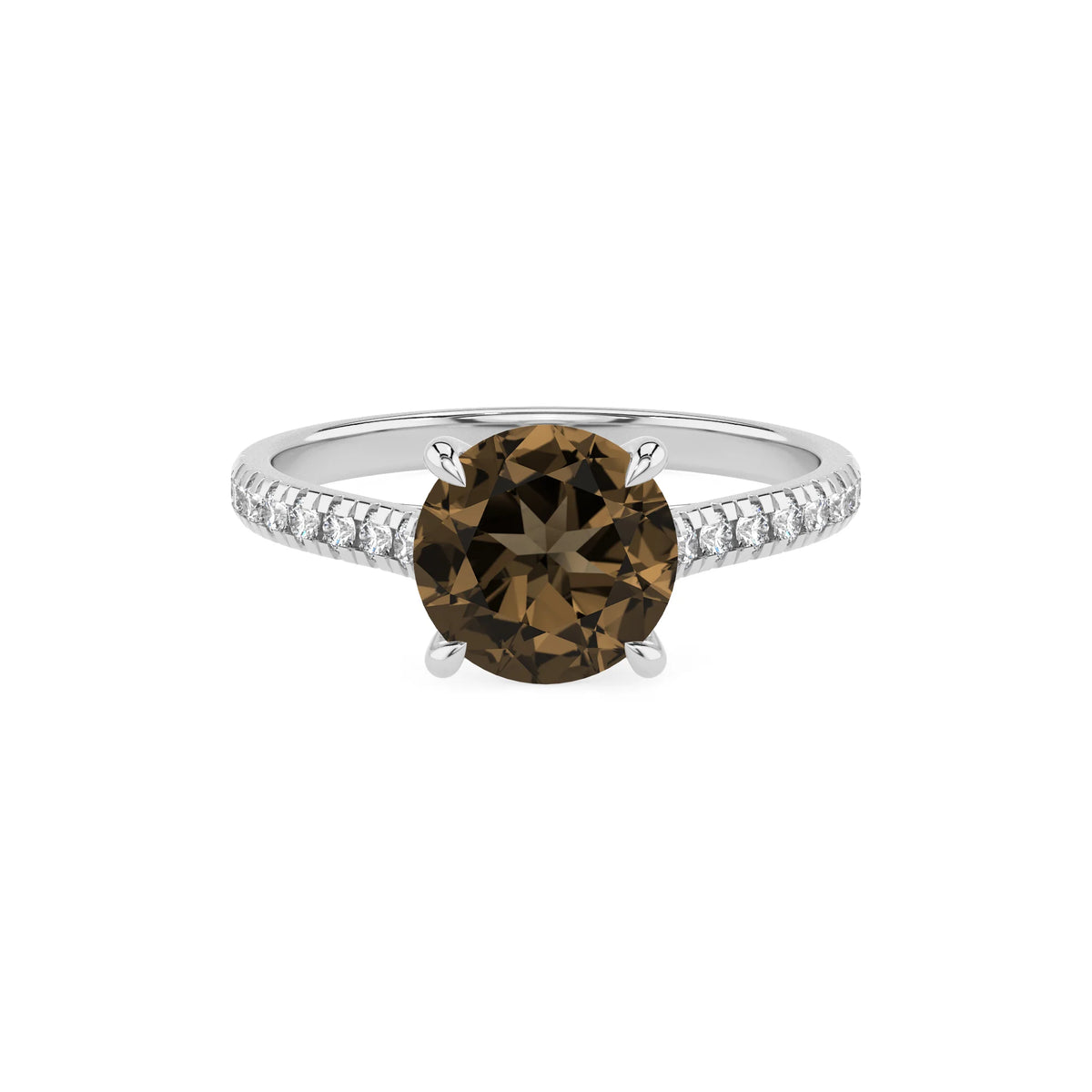 natural smoky-quartz round half eternity solitaire engagement rings in white gold 