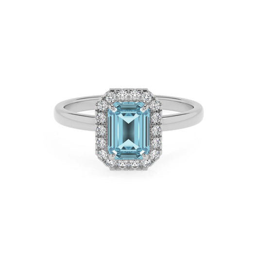 lab grown aquamarine emerald cut solitaire rings in platinum 
