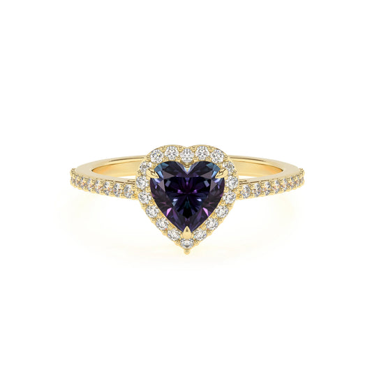 lab grown alexandrite heart solitaire rings in yellow gold 