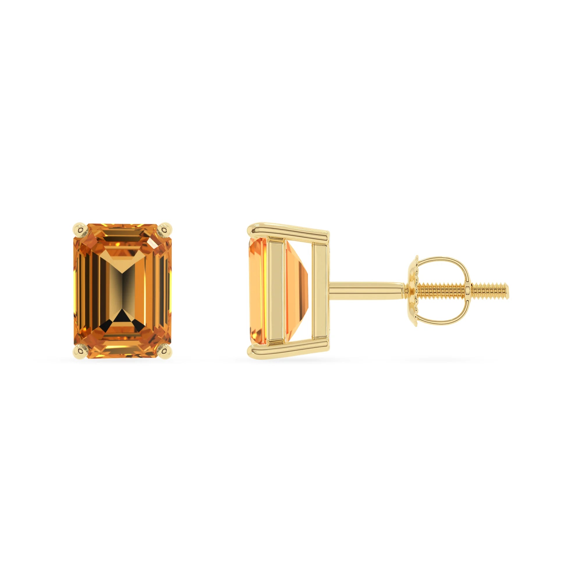 lab grown citrine emerald cut stud earrings in yellow gold 