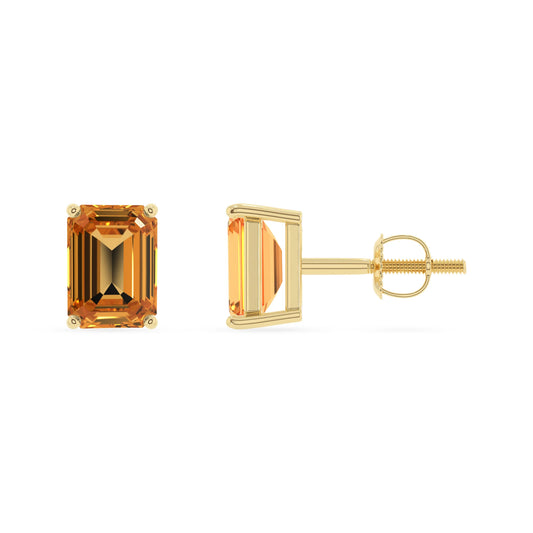 lab grown citrine emerald cut stud earrings in yellow gold 