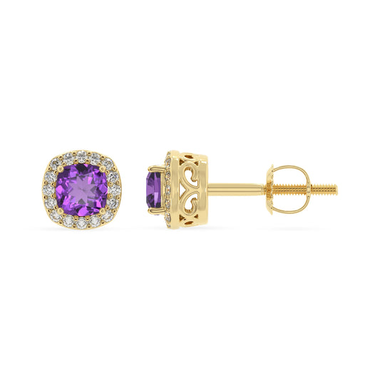 lab grown amethyst cushion stud earrings in yellow gold 