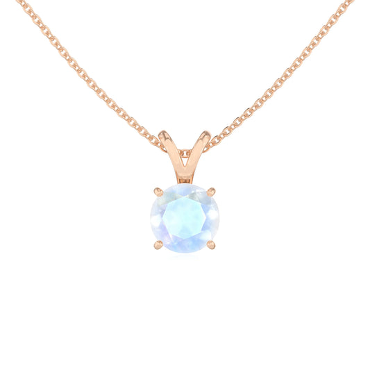 natural rainbow-moonstone round solitaire v-bale necklaces in rose gold 