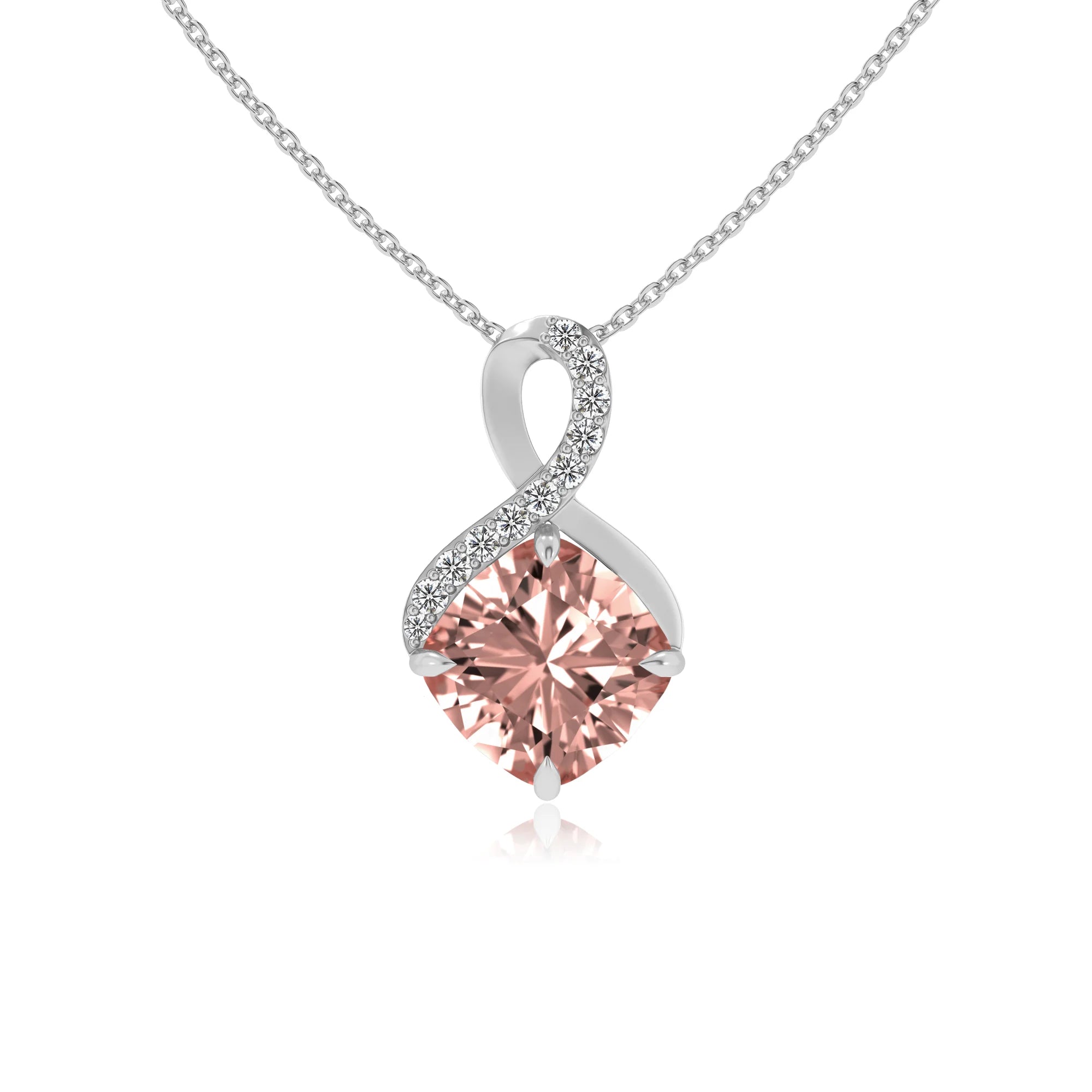 lab grown morganite cushion infinity necklaces in white gold 