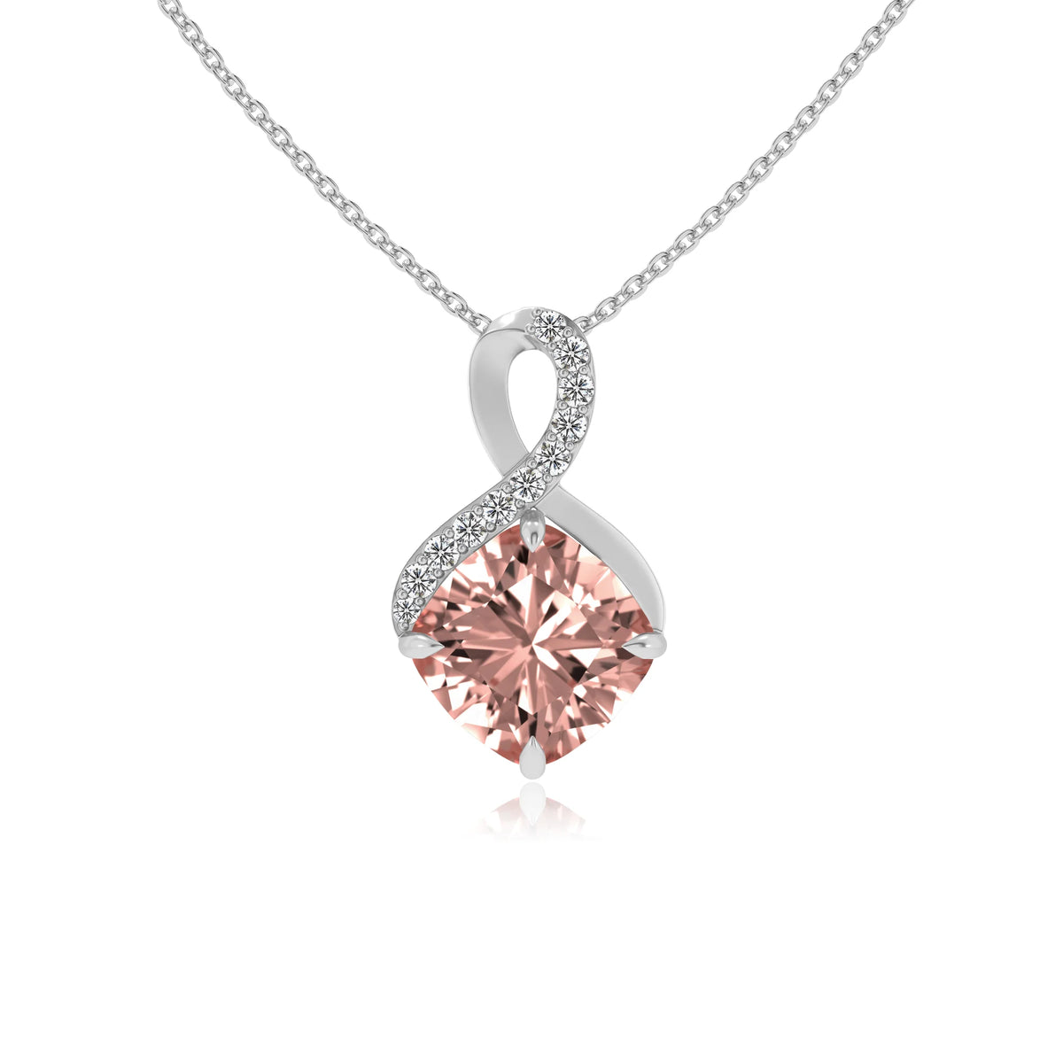 lab grown morganite cushion infinity necklaces in white gold 