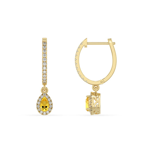 lab grown yellow sapphire pear drop earrings in yellow gold 