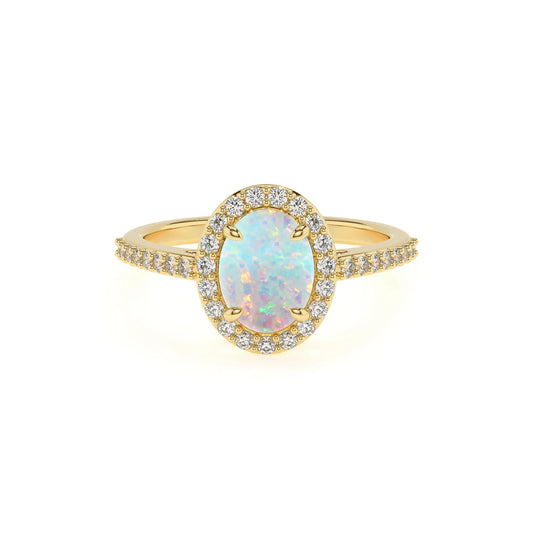 lab grown opal oval solitaire rings in yellow gold 