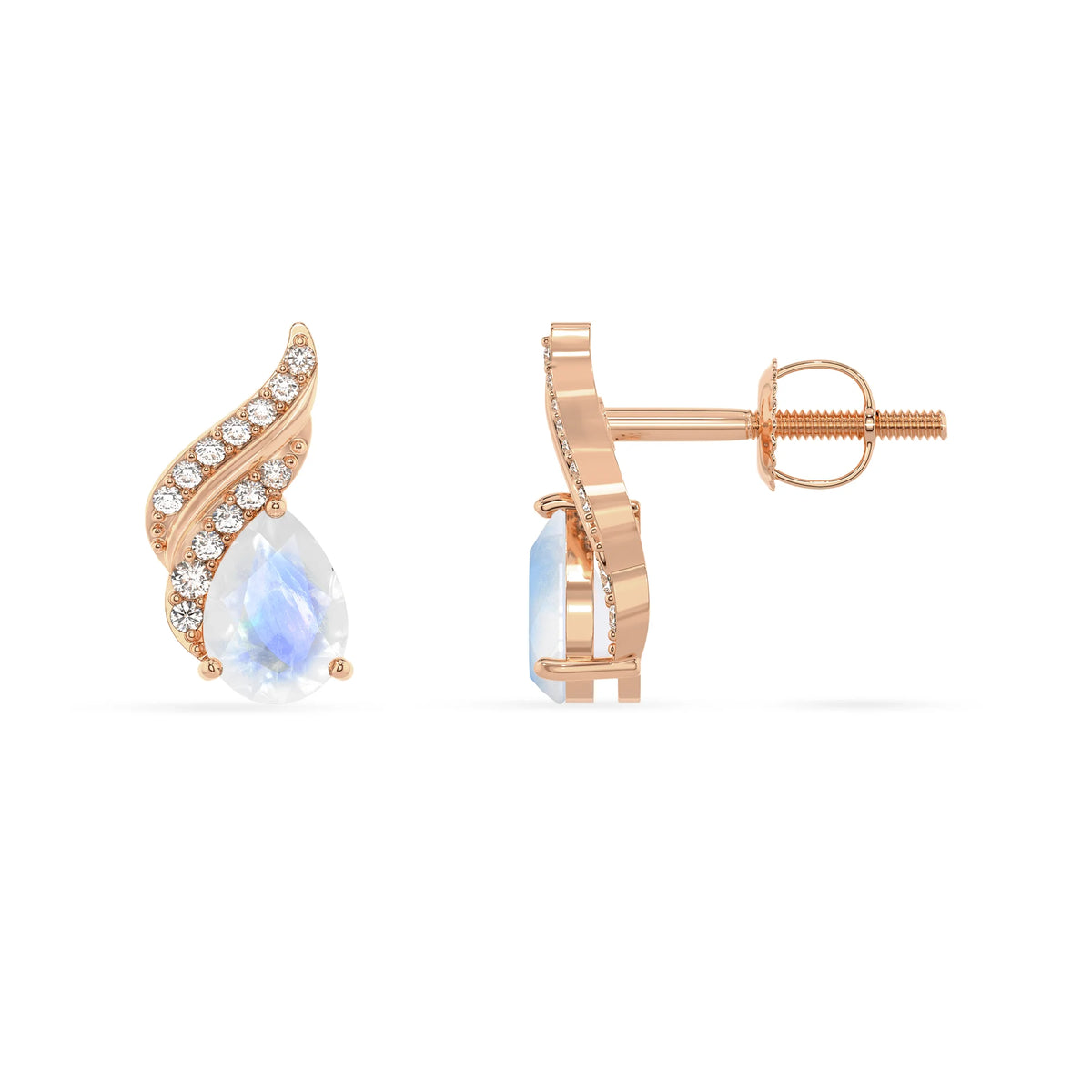 natural rainbow moonstone pear stud earrings in rose gold 
