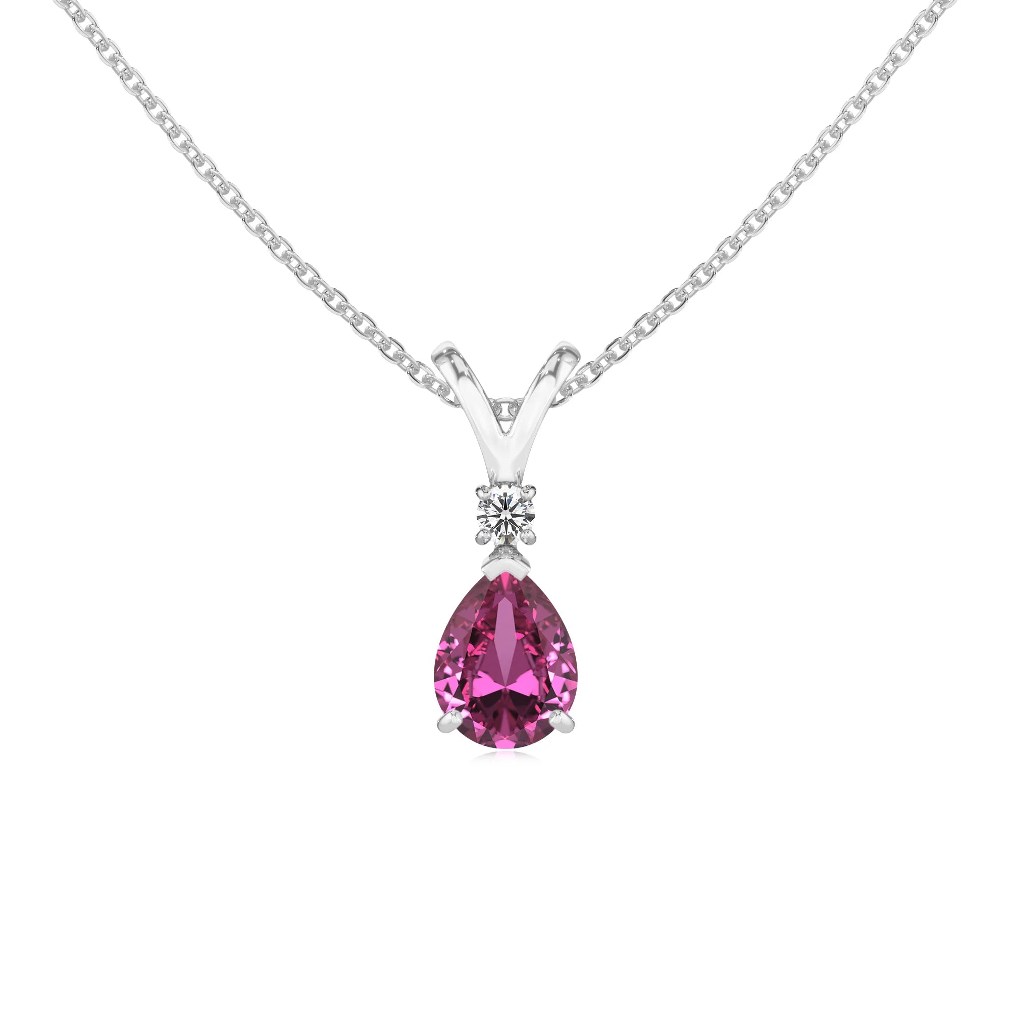 lab grown pink-sapphire pear solitaire v-bale necklaces in white gold 