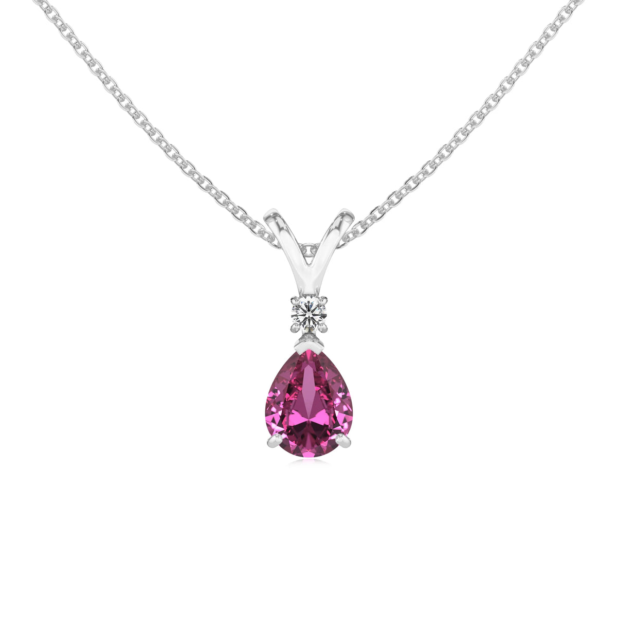 lab grown pink-sapphire pear solitaire v-bale necklaces in white gold 