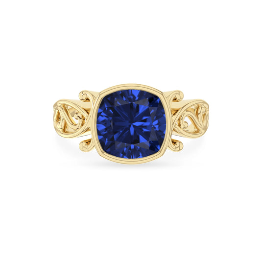 lab grown blue-sapphire cushion solitaire rings in yellow gold 
