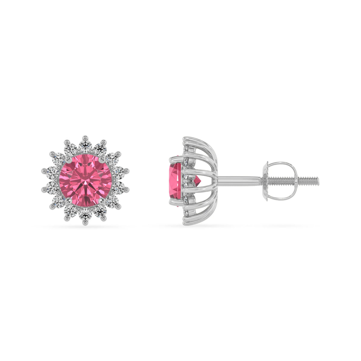 lab grown pink tourmaline round stud earrings in platinum 