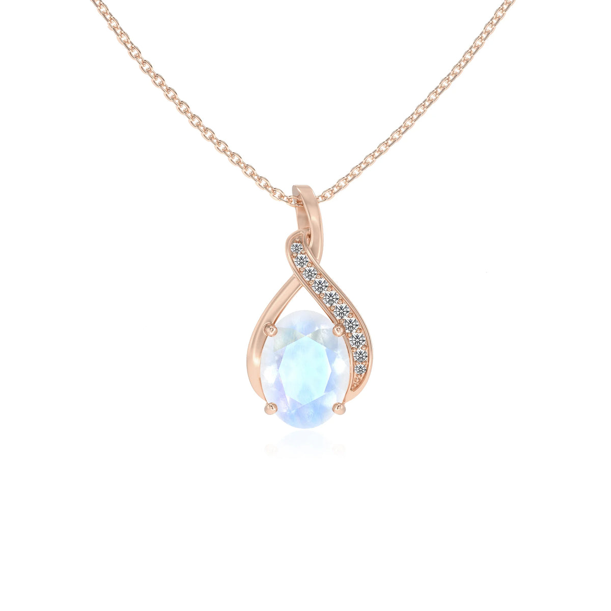 natural rainbow-moonstone oval solitaire necklaces in rose gold 