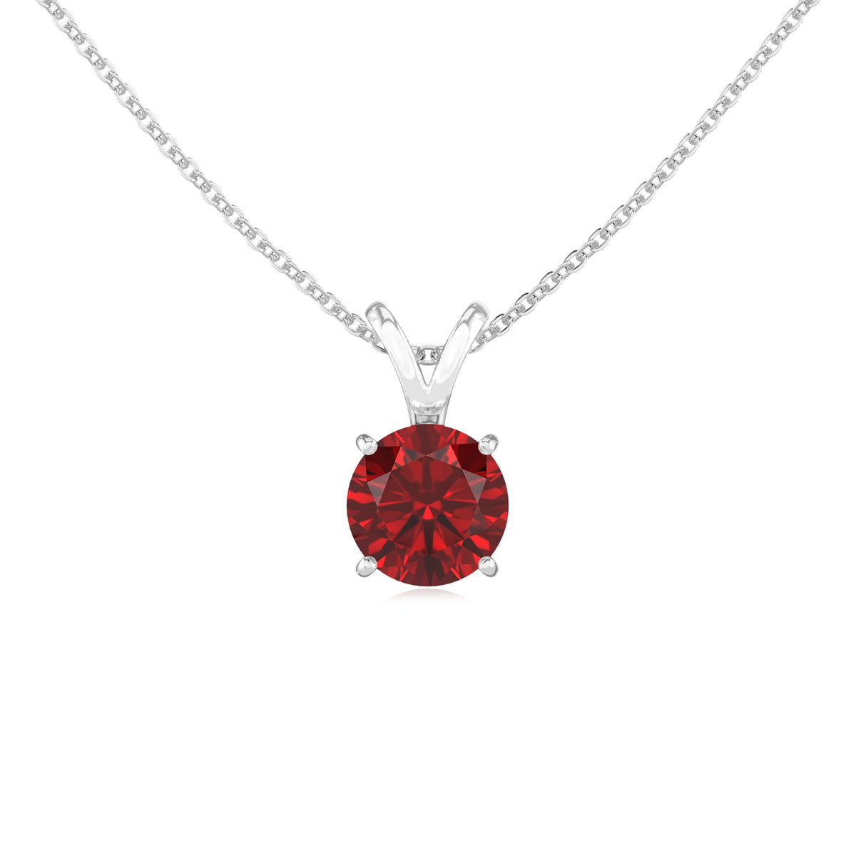 lab grown ruby round solitaire v-bale necklaces in sterling silver 