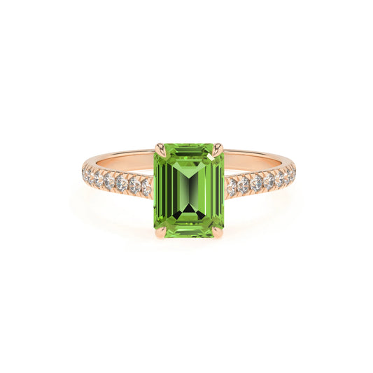 natural peridot emerald cut half eternity solitaire engagement rings in rose gold 