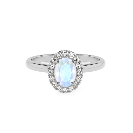 natural rainbow-moonstone oval solitaire rings in white gold 