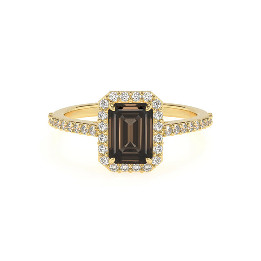natural smoky-quartz emerald cut solitaire rings in yellow gold 